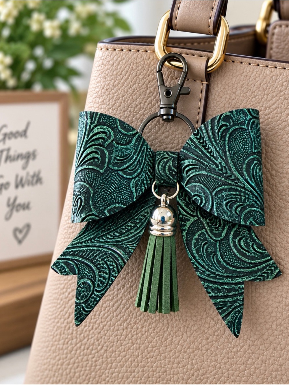 Green Faux Leather Embossed Bow Bag Charm Key Chain